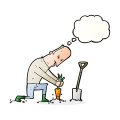 cartoon gardener with thought bubble