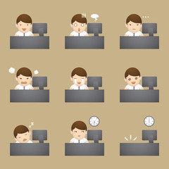 Businessman emotions with computer desk illustration character design