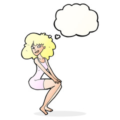 cartoon sitting woman in dress with thought bubble