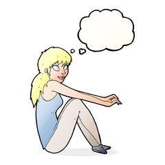cartoon happy woman sitting with thought bubble