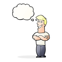 cartoon grinning man with thought bubble