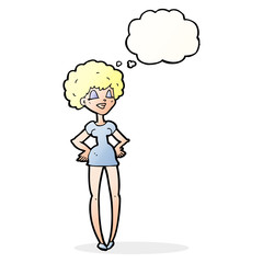 cartoon happy woman with hands on hips with thought bubble