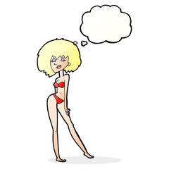 cartoon woman in bikini with thought bubble