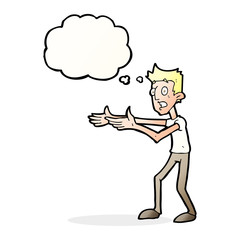cartoon man desperately explaining with thought bubble