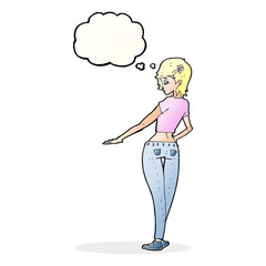 cartoon pretty girl in jeans and tee with thought bubble