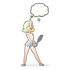 cartoon woman playing tennis with thought bubble