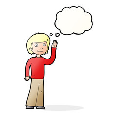 cartoon friendly boy waving with thought bubble