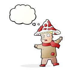 cartoon magical mushroom man with thought bubble