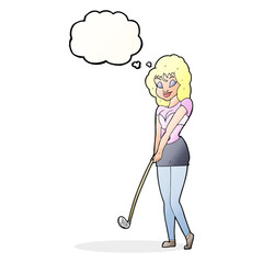 cartoon woman playing golf with thought bubble