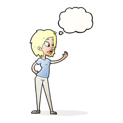 cartoon woman waving with thought bubble