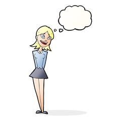 cartoon happy woman with thought bubble