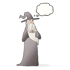 cartoon old wizard with thought bubble