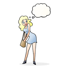 cartoon woman looking in handbag with thought bubble