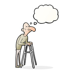 cartoon old man with walking frame with thought bubble