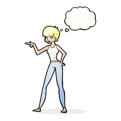 cartoon woman pointing with thought bubble