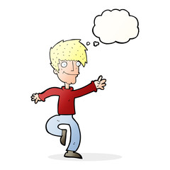 cartoon happy man dancing with thought bubble