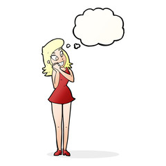 cartoon excited woman with thought bubble