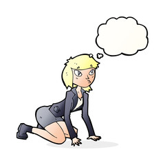 cartoon woman on hands and knees with thought bubble