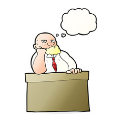 cartoon bored man at desk with thought bubble