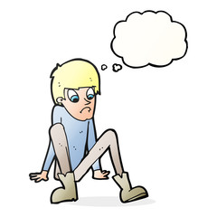 cartoon boy sitting on floor with thought bubble