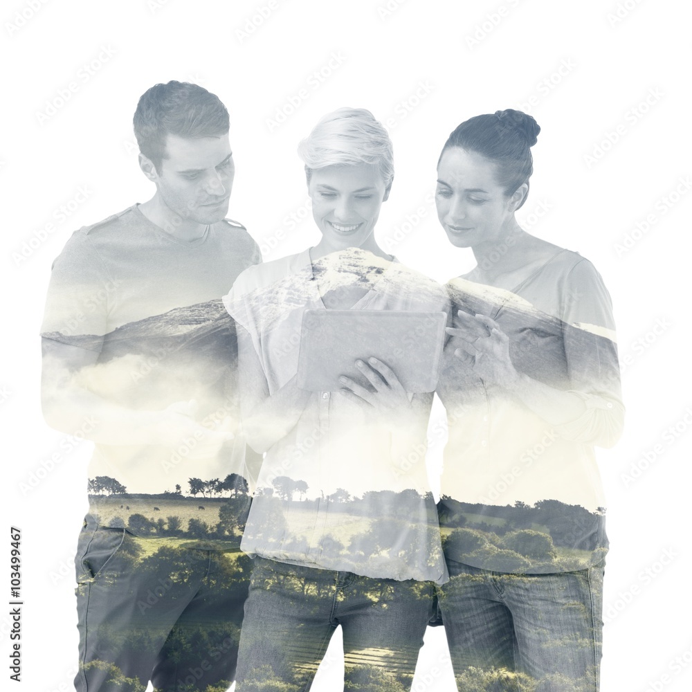 Poster composite image of group portrait of happy colleagues using tablet