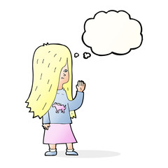 cartoon girl with pony shirt waving with thought bubble