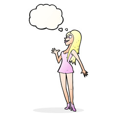 cartoon woman in pink dress with thought bubble