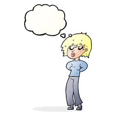 cartoon woman whistling with thought bubble