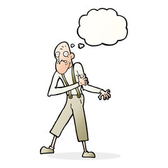 cartoon old man having heart attack with thought bubble