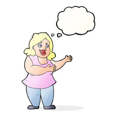 cartoon happy fat woman with thought bubble