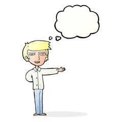 cartoon man gesturing welcome with thought bubble