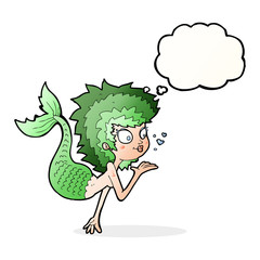 cartoon mermaid blowing a kiss with thought bubble
