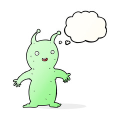 cartoon happy little alien with thought bubble