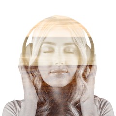 Composite image of close up of a woman listening to music 