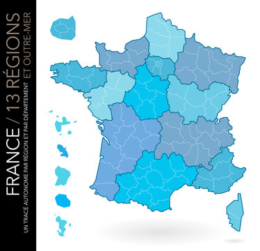 Carte de France 13 régions (Carte modifiable : un tracé par département)