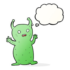 cartoon funny little alien with thought bubble