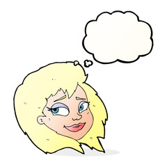 cartoon happy female face with thought bubble