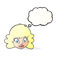 cartoon happy female face with thought bubble