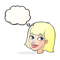cartoon happy female face with thought bubble
