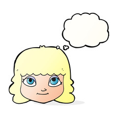 cartoon happy female face with thought bubble