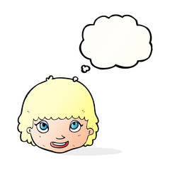 cartoon happy female face with thought bubble