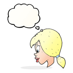 cartoon pretty female face with thought bubble