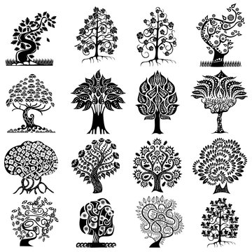 set of silhouettes of abstract trees isolated on white