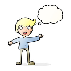 cartoon excited boy with thought bubble