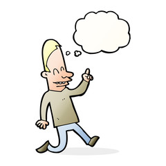 cartoon happy man pointing with thought bubble