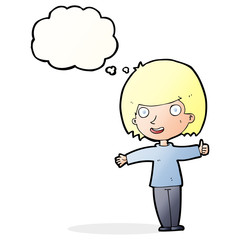 cartoon happy woman with thought bubble