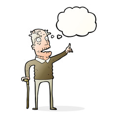 cartoon old man with walking stick with thought bubble