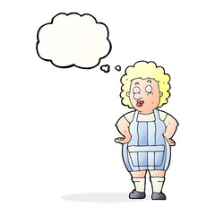 cartoon woman in kitchen apron with thought bubble