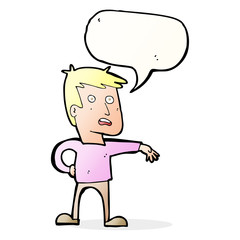cartoon man making camp gesture with speech bubble