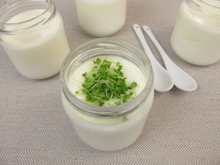 Obraz na płótnie Canvas Joghurt aus dem Joghurtbereiter mit Basilikumsprossen